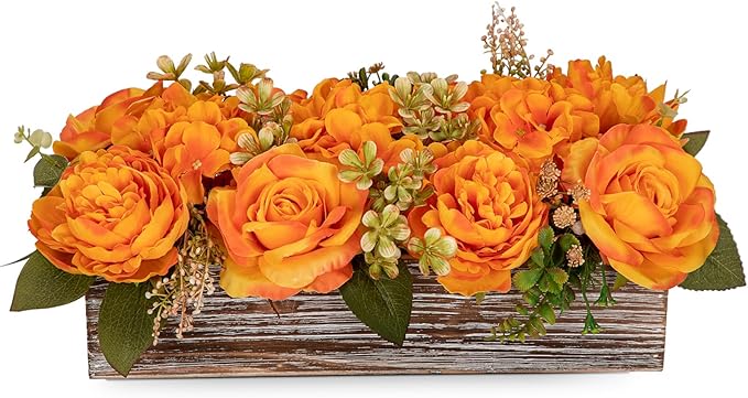 Flower Arrangement with Wooden Vase 14" Artificial Flowers in Pot - Fake Flowers Roses Peonies Hydrangeas in Wooden Vase Potted Artificial Flower Centerpieces for Table Decor Living Room - Orange