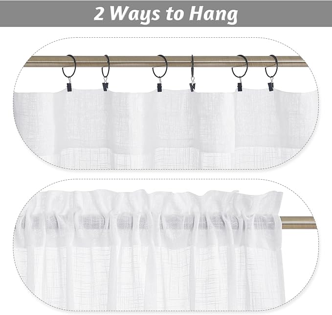 RYB HOME Semi Sheer Curtains 63 inches Length, Short Linen Textured Breathable Curtains Panels for Bay Window Farmhouse, Rod Pocket, Indoor, White, 52 x 63 Inch Length 2 Panels