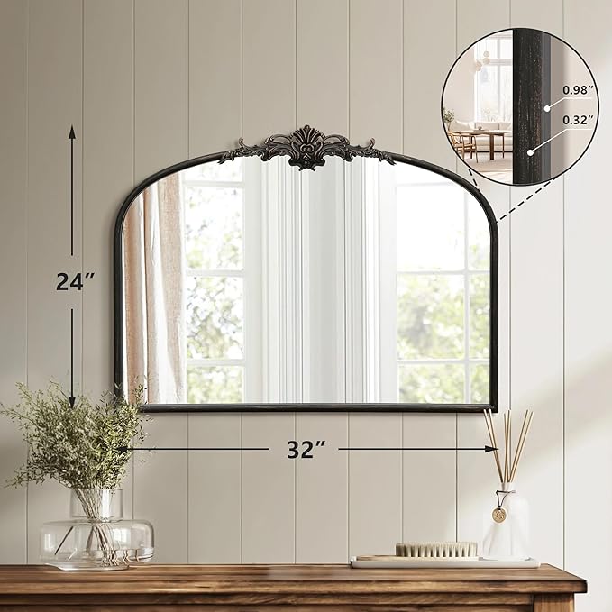 Besdomus Vintage Arched Black Mirror: 32"x24" Large Black Vintage Wall Mounted Mirror - Baroque Traditional Ornate for Living Room/Fireplace/Bathroom- Wall Decor for Interior Designers