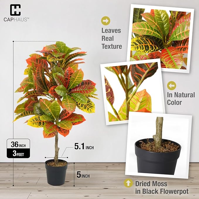 Fencer Wire 36 Inch Artificial Topiary Croton Tree, UV Resistant Artificial Outdoor Plants, Faux Bushes and Shrub, Fake Trees in Pot with Dried Moss, Artificial Plants for Front Porch, Indoor, Outdoor