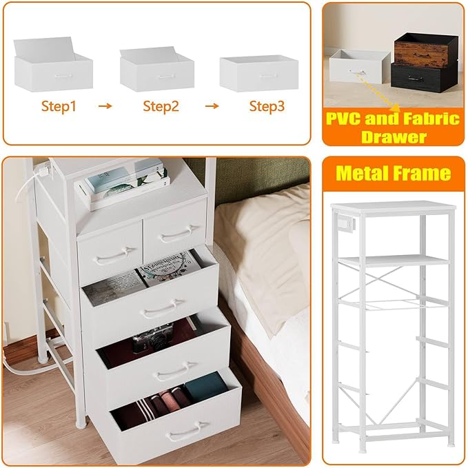Furnulem Dresser for Bedroom, Tall Nightstand, Vertical Chest with Wood Top, Charging Station, LED Lights, 5 Fabric Bins, Bedside Table with Shelf, Furniture for Entryway (5 Drawer, White)