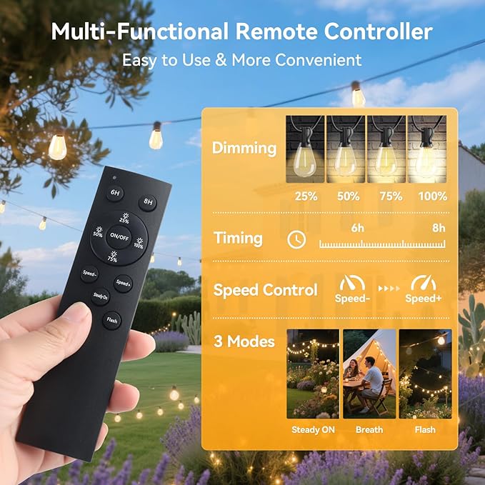 HJQ 120FT(60x2) Solar String Lights Outdoor Waterproof, Solar Powered Patio Lights with Remote & USB Port, 20+1 LED Shatterproof Bulbs, 3 Modes, Dimmable Solar Hanging Lighting for Yard Garden Party