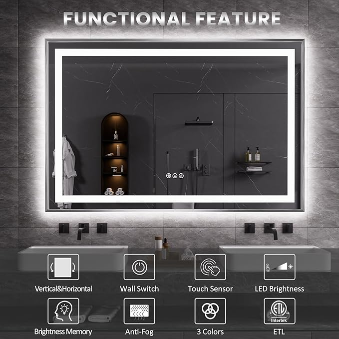Amorho LED Bathroom Mirror, 48"X36" Brushed Nickel Framed Mirror with Front Light and Backlit, Stepless Dimmable, Anti-Fog, Shatter-Proof, Memory, 3 Colors