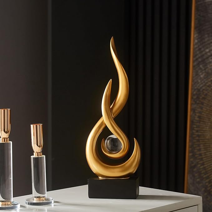 Gold Flame Statue Decor for Living Room, 13.7" H Modern Minimalist Sculptures Home Decorations for Dining Room, Abstract Art Sculpture for Shelf Coffee Table Centerpiece