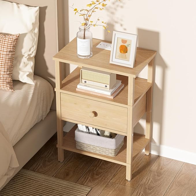 Lerliuo Nightstand Set of 2 with Charging Station and USB Ports, 3-Tier Storage End Table with Drawer Shelf, Night Stand for Small Spaces, Wood Bedside Table for Living Room, Bedroom - Natural Wood