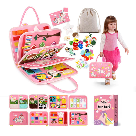 Toddler Sensory Busy Board: Travel Toy Activity Book for Girls Boys, Motor Skill Development Gift for Baby Aged 3-4 Years, Fine Educational Preschool Montessori Learning Toy for Car Airplane Unicorn