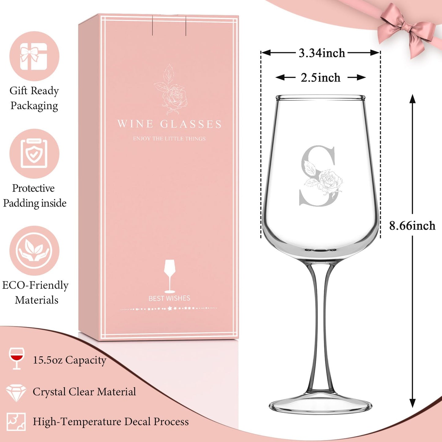Monogrammed Wine Glass Gifts for Women - Personalized A-Z Wine Glasses with Gift Box & Greeting Card | Custom Mothers day, Anniversary, Birthday Gifts for Her, Mom, Wife, Best Friend, Sister,Woman (S)