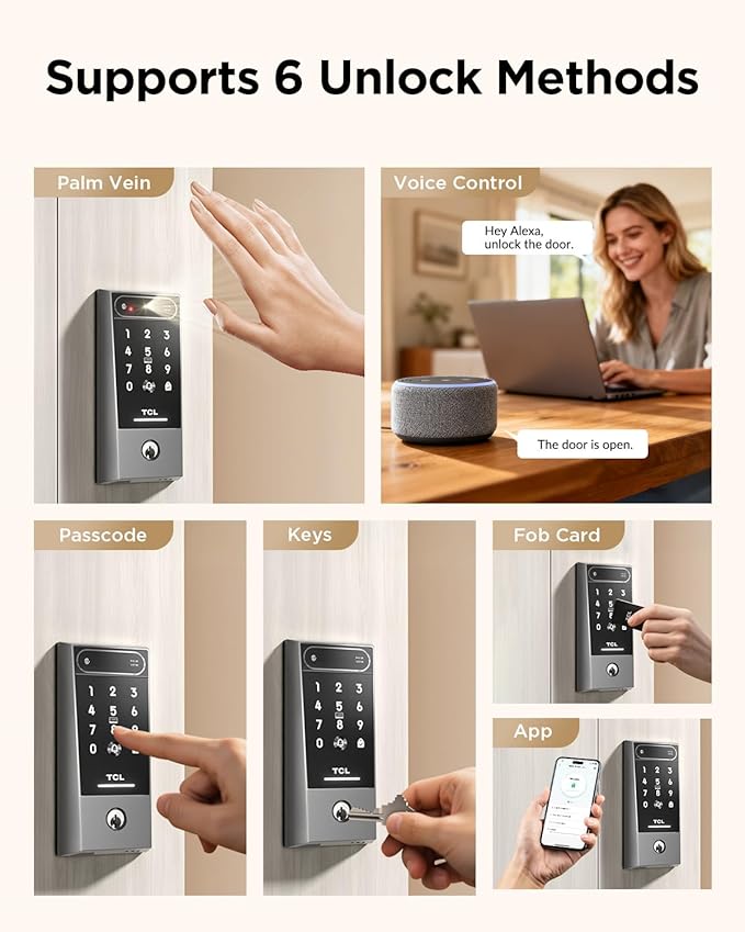 TCL Palm Vein Smart Lock D2 Pro, Wi-Fi Keyless Entry Deadbolt Door Lock, Built-in Doorbell, Key Fob, App Control, Auto Lock, Rechargeable Battery, Works with Alexa & Google Lock for Front Door