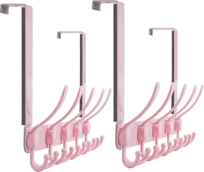 Dseap Over The Door Hook Hanger - Fits 1 3/8" to 1 3/4" Standard Doors | 5 Tri Hooks Heavy Duty Towel/Coat Rack | Door Organizer for Clothes, Jackets, Hats, Towels, Pink, Pack of 2