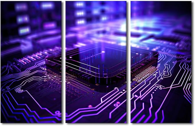 TUMOVO Semiconductor Chip Artwork for Home Walls AI Pictures Print on Canvas Circuit Board Painting 3 Pieces Wall Art Chip Modern Artwork Giclee Posters Framed Ready to Hang, 60" Wx40 H