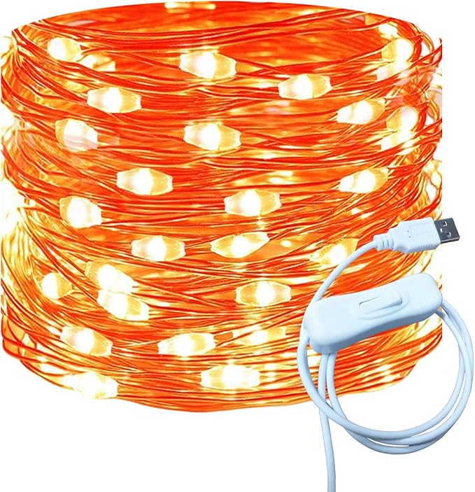 RUICHEN 20 Ft 120 LED USB Fairy String Lights with On/Off Switch, Waterproof Copper Wire Lights for Bedroom Wall Ceiling Wreath Crafts Christmas Halloween Party, Orange