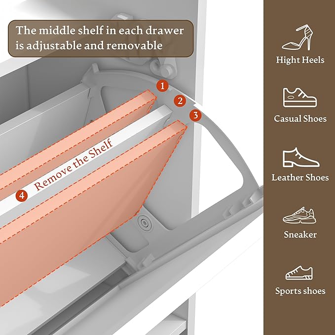 Shoe Cabinet with Odor Control Deodorizer and Back Panel, Farmhouse Narrow Shoe Storage Cabinet Rack for Entryway with 2 Flip Drawers and 2 Top Drawers, Adjustable Shelves, Side Hooks