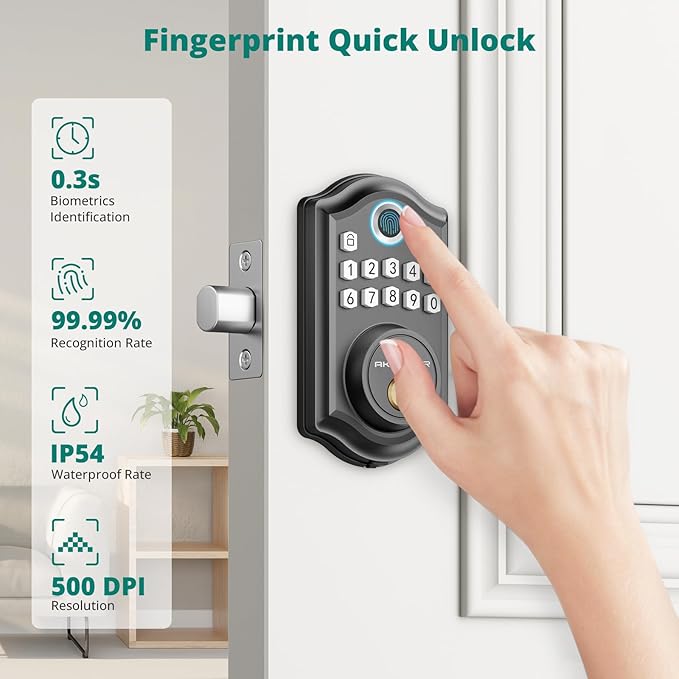 DS10 Pro Keyless Entry Door Lock with Handle Set, Smart Front Door Locks Set, Electronic Keypad, Fingerprint Deadbolt, Bluetooth APP Control, Auto-Lock & One Touch Locking, Matte Black