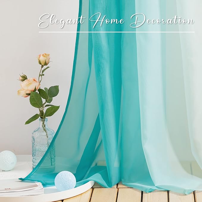 NICETOWN Teal Ombre Sheer Scarf Curtains Valances, Decorative Elegant Backdrop Voile Sheer Texture Bed Canopy for Indoor Outdoor Beach Wedding/Bed Canopy, 2 Panels, W60 x L216