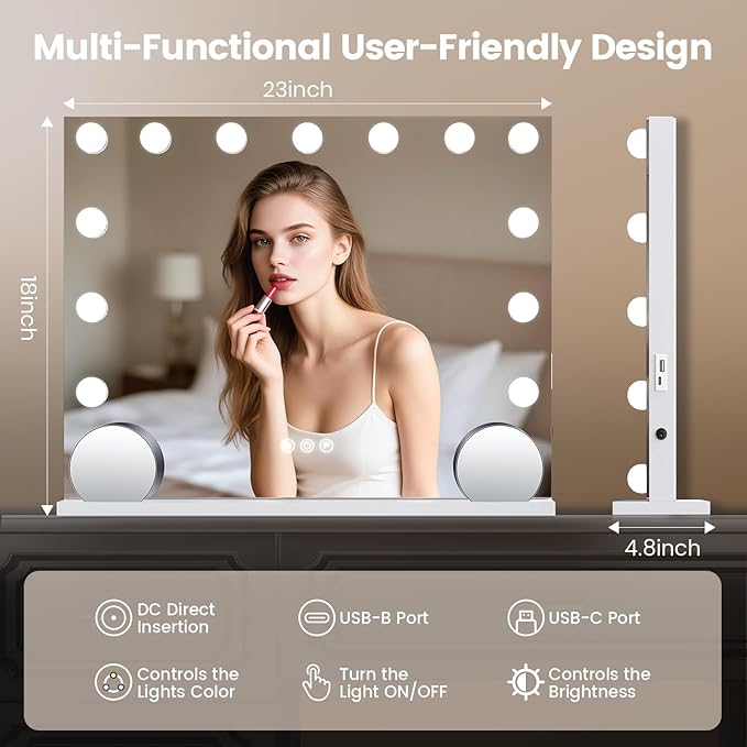VESAUR Hollywood Vanity Mirror with 10X15X Magnification and Lights, 23"x18" Makeup Mirror with 15 Dimmable LED Bulbs, 3 Color Modes, USB/Type-C Port, Aluminum Frame, Tabletop & Wall Mount for Bedroom