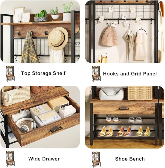 Recaceik Hall Tree with Bench and Shoe Storage, Entryway Coat Rack with Shoe Bench, Industrial Hall Tree with Drawers and 12 Hooks for Bedroom, Living Room