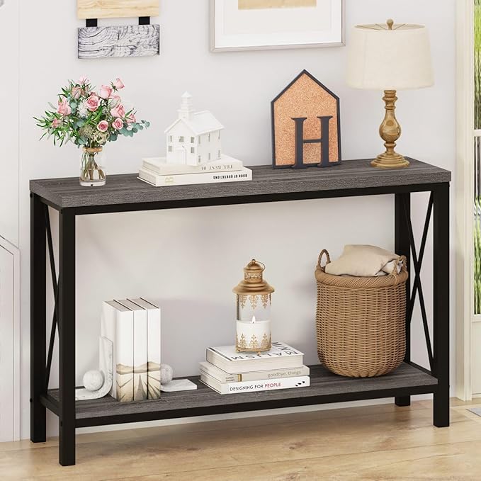 BON AUGURE Console Tables for Living Room, Industrial Couch Table Behind Sofa, Wood Metal Entryway Tables for Hallway, Entry Way Table for Foyer, Entrance, Front Door (Dark Grey Oak, 47 Inch)