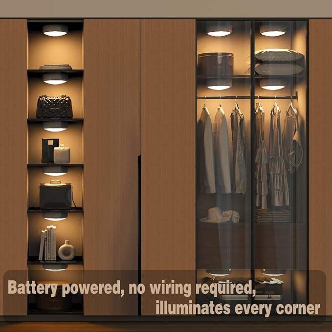 ILYXY Puck Lights With Remote, 3 Pack LED Under Cabinet Lighting, Dimmable Push Battery Operated Wireless Under Counter for Kitchen, Multicolor Transformation Stick On, Shiny White