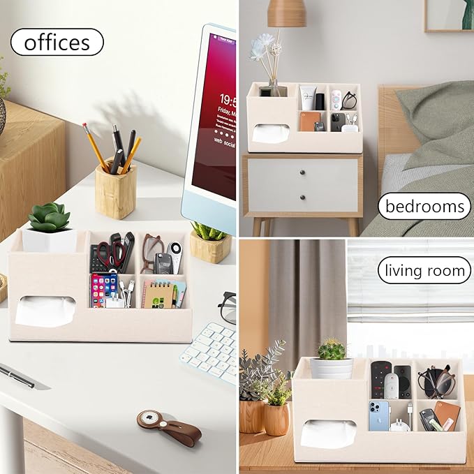 Plus Size Tissue Box Cover-Square Linen Tissue Cover with Side Storage and Tray,Modern Makeup Organizer,Leather Tissue Holder Decorative Cube Organizer for Living Room Vanity NightStand Office,Beige