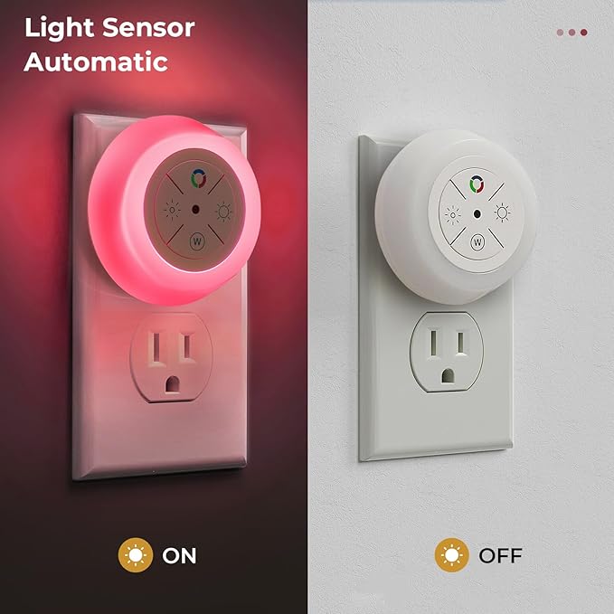 Dawnrise Night Lights Plug Into Wall, Dusk to Dawn Sensor, 12-Color Changing Led Plug in Night Light Dimmable for Bedroom, Stairs, Kitchen, Hallway, Utility Room, Kids Room (4 PK)