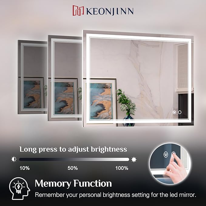 Keonjinn 48 x 40 Inch LED Bathroom Mirror with Lights, Large Wall Mounted Vanity Mirror, UL Listed LED Driver, HD Tempered Glass, Easy Installation, Anti-Fog, Memory Dimmable 6000K, CRI 90+