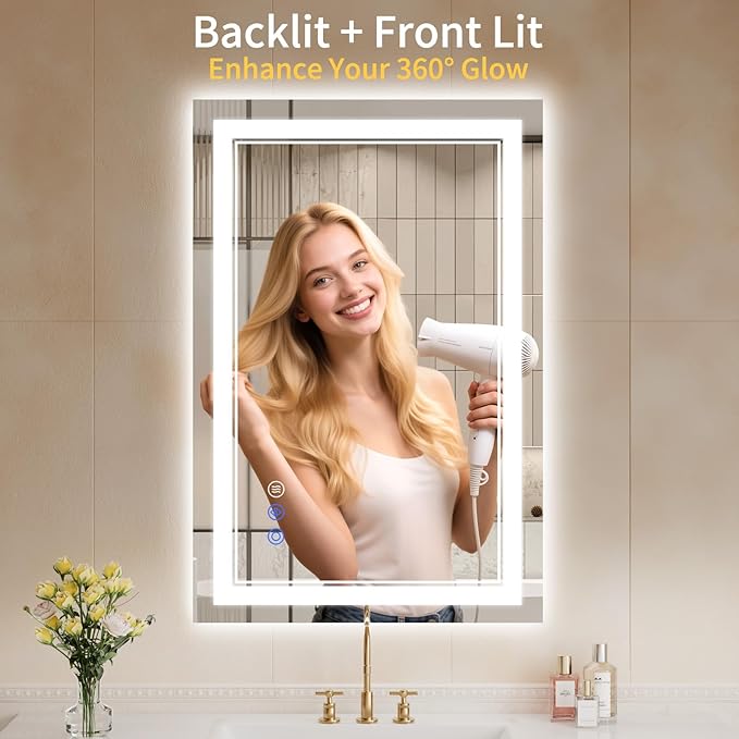 24X36 LED Bathroom Mirror with Lights, Anti-Fog, Backlit + Front Lit, Dimmable, Led Vanity Mirror for Wall, Lighted Bathroom Mirror, 3 Colors, Shatter-Proof Tempered Glass