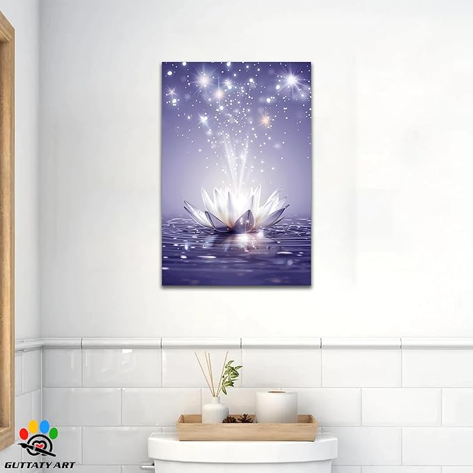 Zen Canvas Wall Art, White Lotus Flower Bloom in Water Picture, Zen Blue Flower Painting, Modern Framed Spiritual Home Artwork for Yoga Spa Meditation Spiritual Room Living Room Office 24x36 inch
