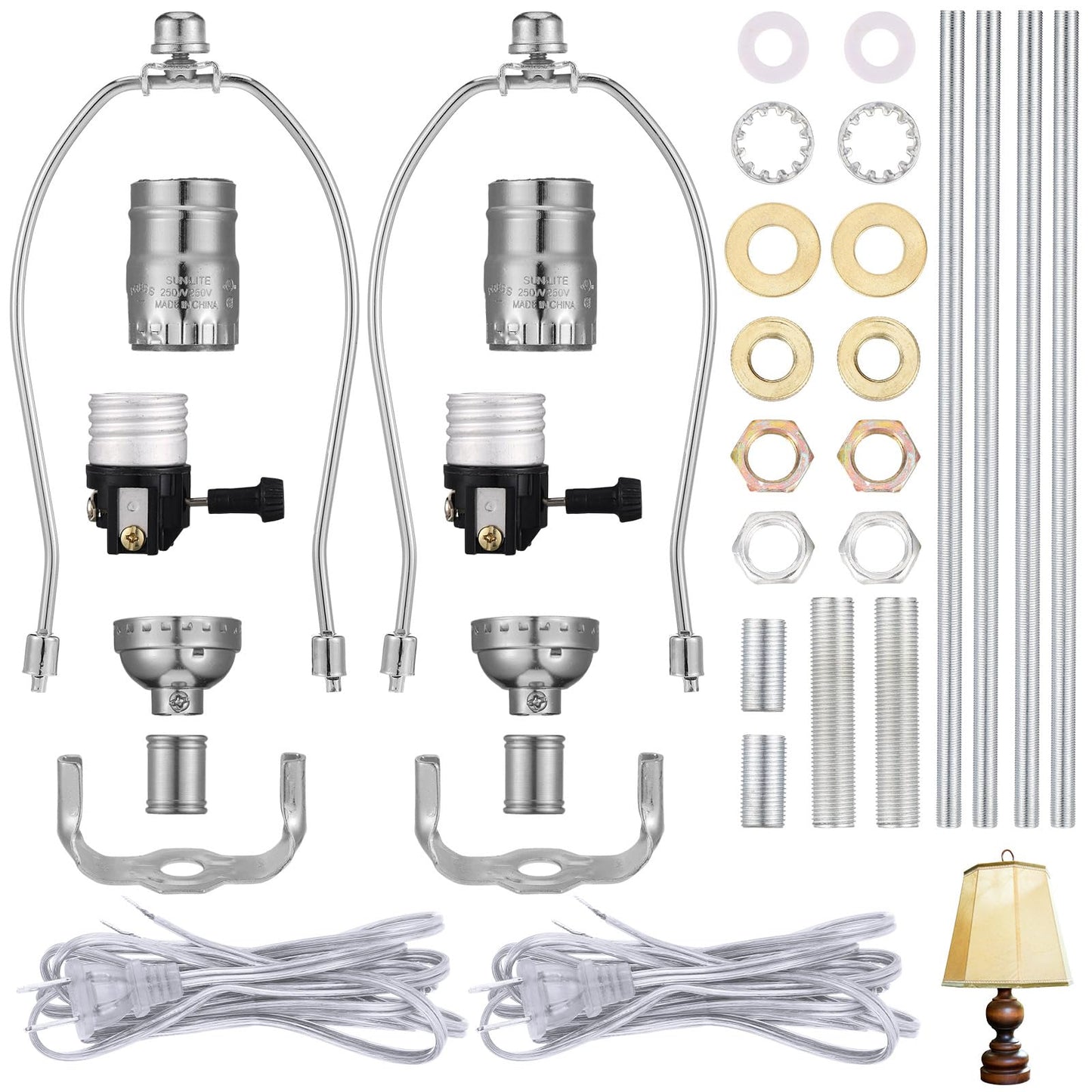 Baquler 2 Set Lamp Rewire Kit Make a Lamp or Repair Kit with 8'' Harp 12" Tube Pipe 3 Way Socket 8 ft Cord and All Hardware Parts for DIY Antique Table Centerpiece Design(Silver)"