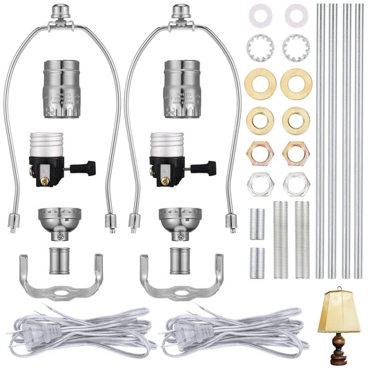 Baquler 2 Set Lamp Rewire Kit Make a Lamp or Repair Kit with 8'' Harp 12" Tube Pipe 3 Way Socket 8 ft Cord and All Hardware Parts for DIY Antique Table Centerpiece Design(Silver)"
