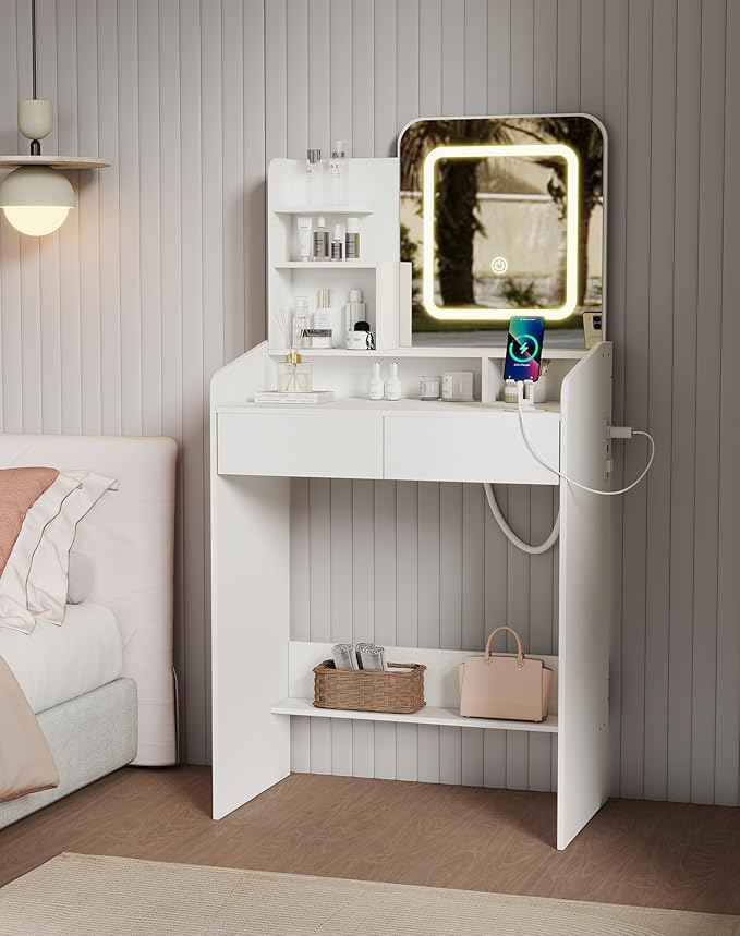 Small Makeup Vanity Desk for Girls with Lighted Mirror, 26.5” W Dressing Table with 2 Drawers and Power Outlet, 3 Light Modes & Adjustable Brightness, Vanity Table for Women Bedroom, White