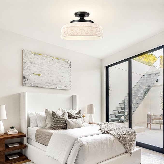Lamomo Semi Flush Mount Ceiling Light,White Glass Shade Black Hallway Light Fixture,3-Bulb Globe Glass Close to Ceiling Scone,Indoor Hanging Light for Bedroom Kitchen Porch Hallway,Bulbs Not Included