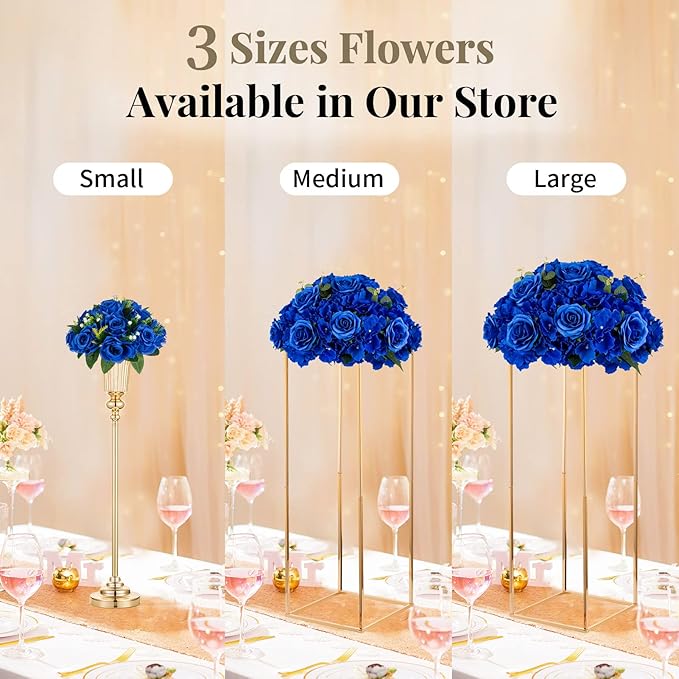 NUPTIO Artificial Flower Centrepieces for Tables - 2 Pcs Large Fake Flowers Roses Balls 15.7 inch Diam - Royal Blue Silk Faux Rose Arrangement Bouquet for Wedding Party Centerpiece Table Decorations