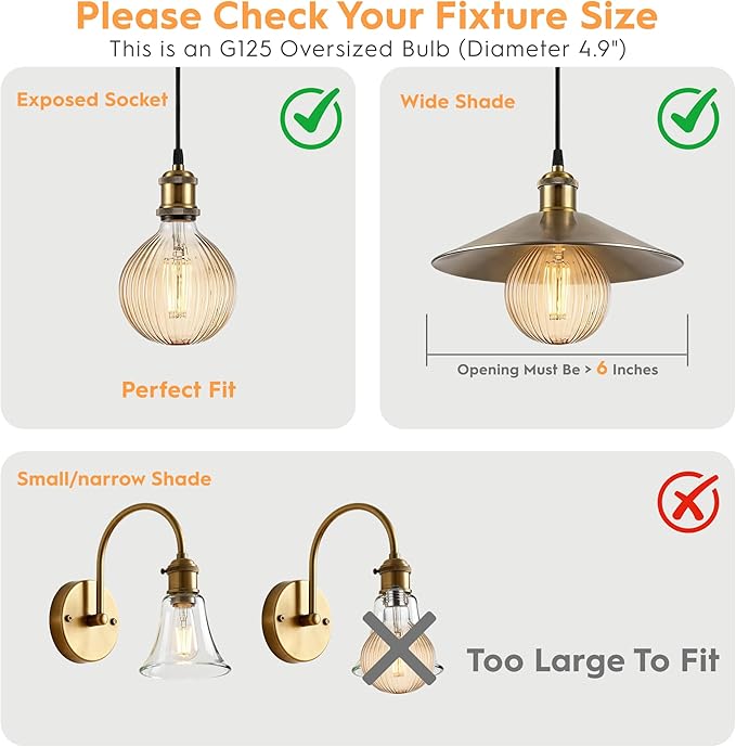 Light Bulbs, 4W Dimmable Decorative Large Unique Amber Globe G125 Edison LED Bulbs with Squirrel Cage Filament, E26 Medium Base, 2200K Warm Ambient Mood Lighting for Indoor Decoration, 4 Pack