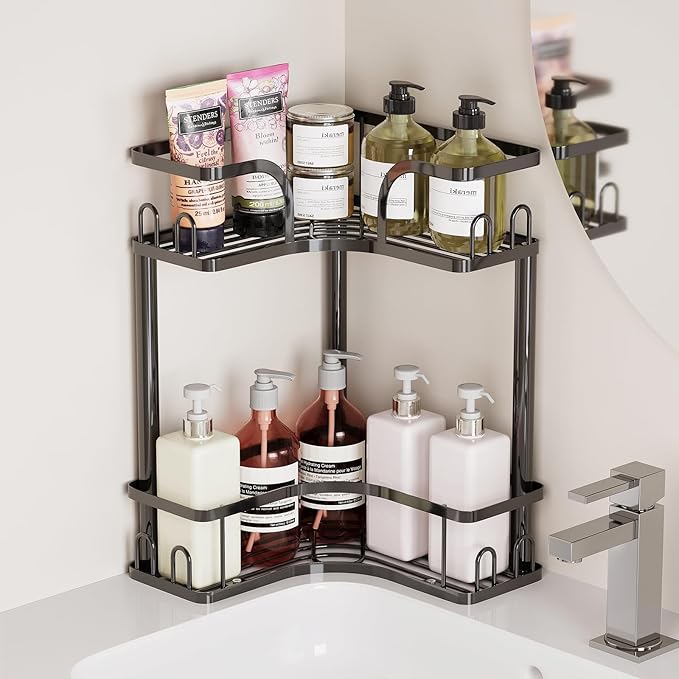 2-Tier Corner Bathroom Counter Organizer, Space Saving Black Vanity Countertop Shelf for Toiletries, Skincare & Makeup, Sturdy Stainless Steel Standing Rack for Bathroom Storage & Kitchen Spices