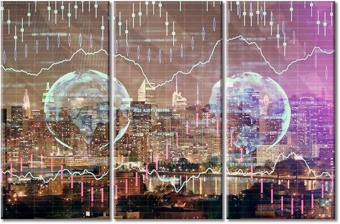 TUMOVO Currency Business and Market Charts Canvas Paintings Wall Art for Living Room 3 Piece Business and Financial Concept Artwork Wall Decor Living Room Print on Canvas Ready to Hang (42" Wx28 H)