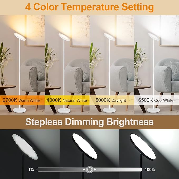 OUTON Smart LED Floor Lamp, 30W/3000LM Dimmable Bright Torchiere Sky Lamp Compatible with Alexa Google Home, WiFi Remote, Tall Standing Lamp with 4 Color Temperature for Living Room Bedroom Office