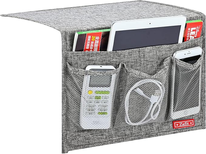 Linen 4 Pockets Bedside Caddy, Bedside Storage Organizer for Magazine, Remotes, Phone (Classic Grey)