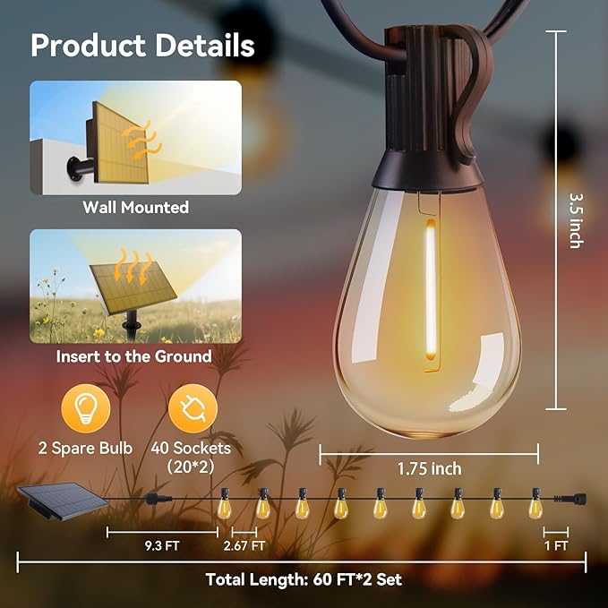 HJQ 120FT(60x2) Solar String Lights Outdoor Waterproof, Solar Powered Patio Lights with Remote & USB Port, 20+1 LED Shatterproof Bulbs, 3 Modes, Dimmable Solar Hanging Lighting for Yard Garden Party