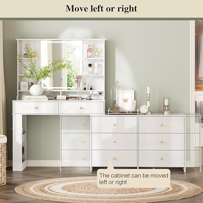 Makeup Vanity Desk with Mirror and Lights, Vanity Desk with 8 Drawers & Storage Shelves, Vanity Table with Power Outlet, 3 Color Modes & Adjustable Brightness Dressing Table, Bedroom,White