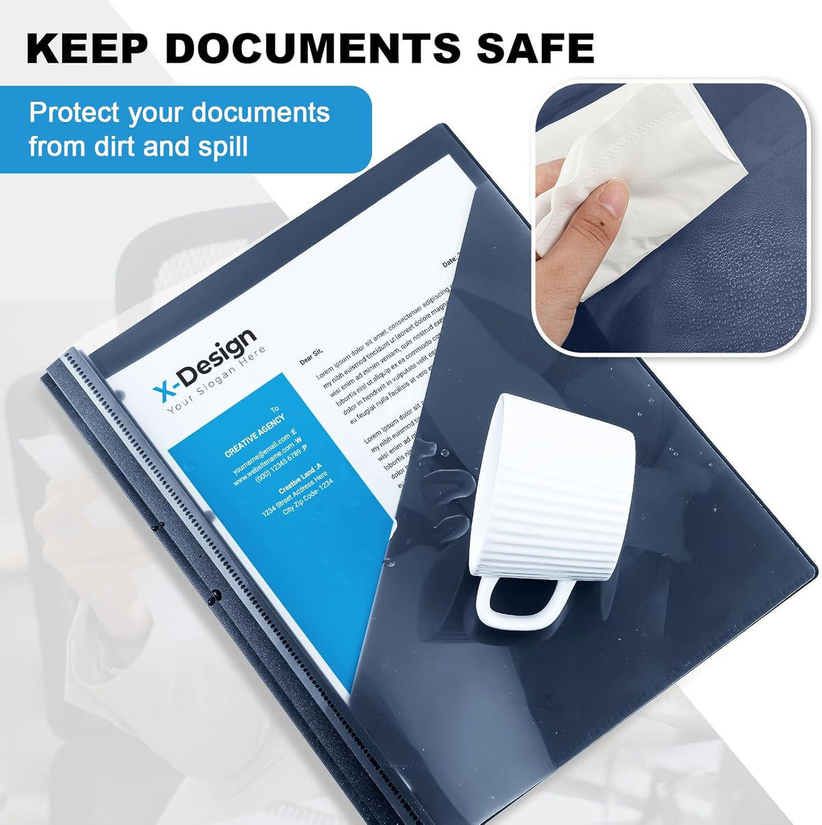 Teling 48 Pack Clear Front Report Covers with 3 Prongs Fasteners, 11.42 x 9.45 Inch Plastic Presentation Folders Bulk, 90 Sheet Capacity, Book File Covers for Office School Business, Navy Blue