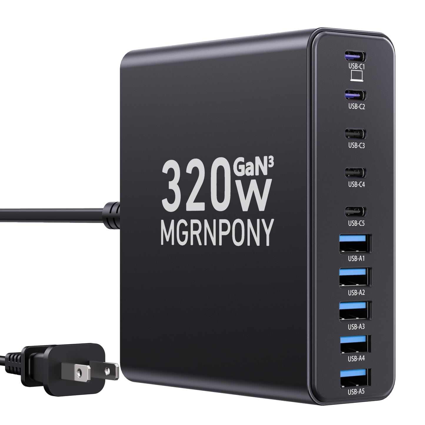 320W USB C Charger Block, 10-Port USB C Charging Station GaN III PD 65W Laptop Fast Charger Adapter for MacBook Pro/Air, DELL, iPad, iPhone, Samsung Galaxy Black
