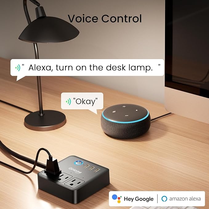 GHome Smart Power Strip Surge Protector 10A, Smart Plug that Works with Alexa & Google Home, 6 in 1 WiFi Outlets with APP Control, Black Extension Cord 2.4G WiFi Only, ETL FCC Listed, No Hub Needed