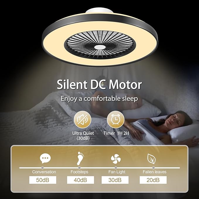 24" Low Profile Ceiling Fan with Light, Modern Flush Mount Bladeless Ceiling Fan with APP & Remote Control, 6 Speeds Silent DC Motor, 3-Color Dimmable LED, Matte Black
