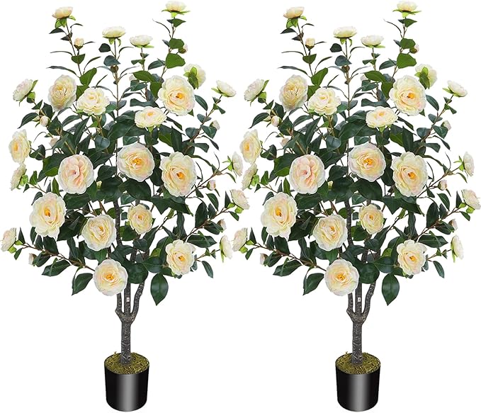 3.6FT Artificial Camellia Fake Tree, Artificial Plants & Flowers with 32 Yellow Pink Flowers for Door Front Decoration Porch Patio Living Room Office Indoor Outdoor Decor (2PCS Contains Dried Moss)