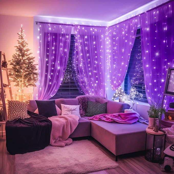 JMEXSUSS 300LED Purple Christmas Lights with Remote, Curtain Hanging Light Plug in, 8 Modes Purple String Lights for Bedroom Window Wall Party Backdrop Halloween Christmas Carnival Decorations