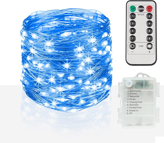 suddus 33ft 100 LED Outdoor String Lights, Blue Fairy Lights Battery Operated with Remote, Led Twinkle Lights for Bedroom, Backyard, Wedding, Tree, Mason Jar, Wall, Centerpiece, Christmas