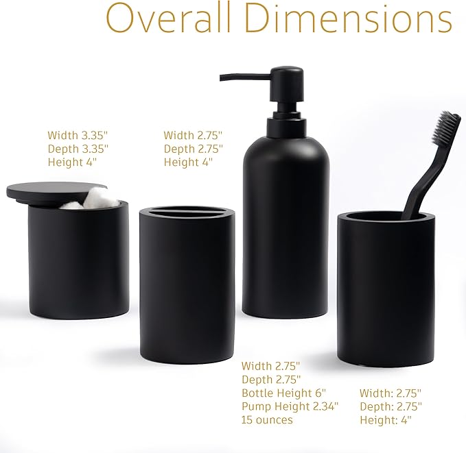 Bathroom Accessory Set - 4 Pcs Matte Black Bathroom Set with Toothbrush Holder, Soap Dispenser, Tumbler & Cotton Swab Jar - Bathroom Vanity Countertop Organizer, Bathroom Decor Sets