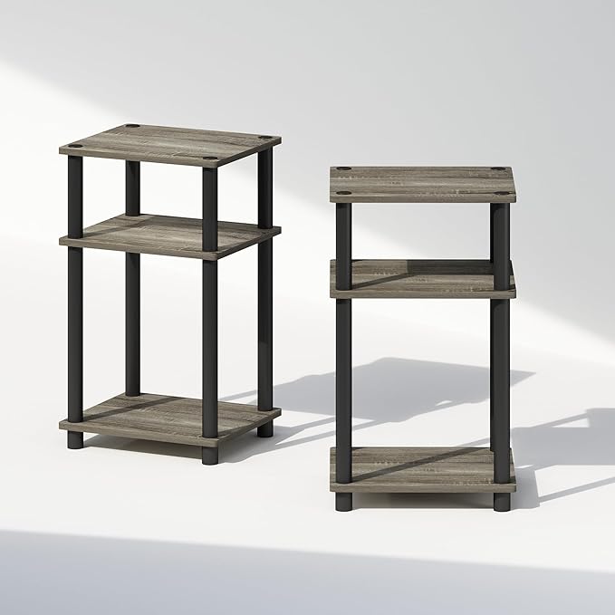 Furinno Just 3-Tier Turn-N-Tube Open Storage Nightstand, 2-Pack, Plastic Poles, French Oak/Black