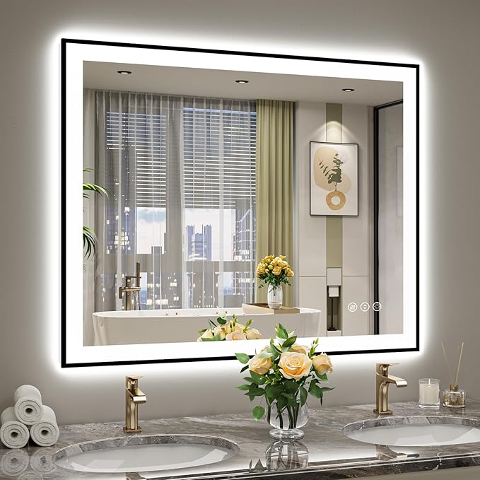 44x36 Inch LED Bathroom Mirror with Lights (Front Lit and Backlit) Black Framed Lighted Vanity Mirror for Bathroom Wall Dimmable Anti-Fog Memory Tempered Glass Horizontal/Vertical
