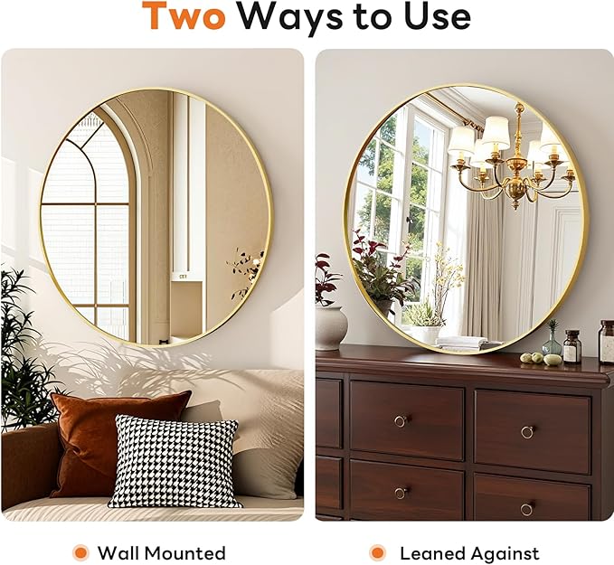 Sweetcrispy Round Bathroom Mirror 24 Inch Gold Metal Framed Wall Mounted Circle Vanity Mirror for Bathroom, Bedroom, Living Room, Entryway, Anti-Rust, Modern Decorative, Hanging or Leaning